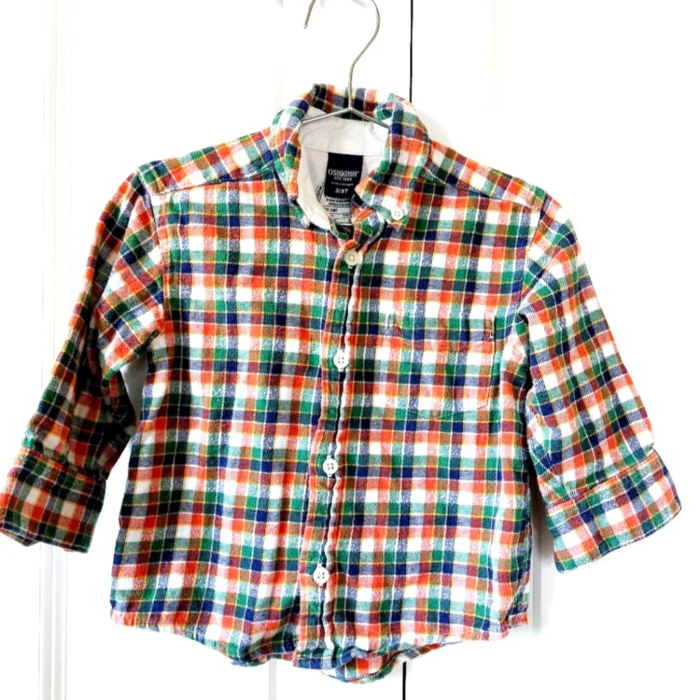 Autumn Color Flannel Plaid Shirt Osh Kosh size 3T‎ orange, green, blue